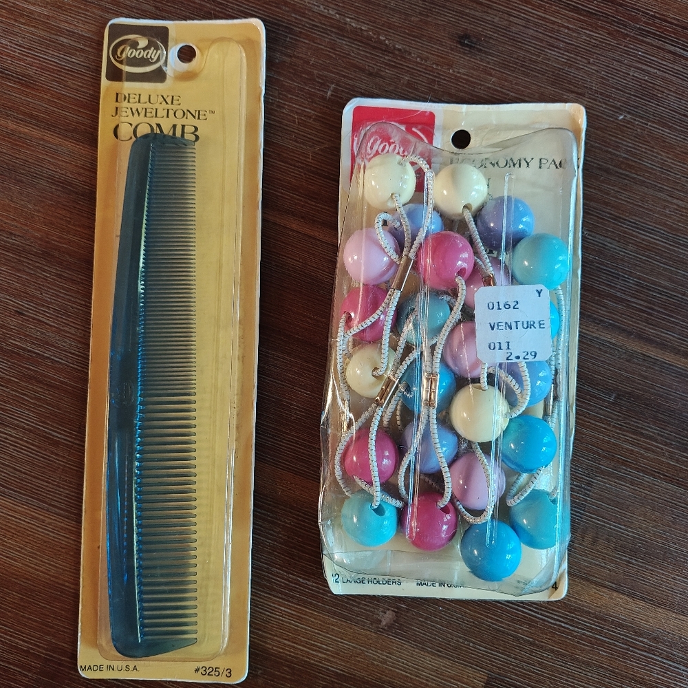 Vintage 80s Goody Twin‎ Bead Ponytail Holders Pack of 12 & Deluxe Jeweltone Comb